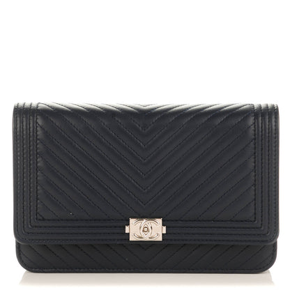 Chanel Calfskin Chevron Quilted Boy Wallet On Chain WOC Navy Blue 1 of 8