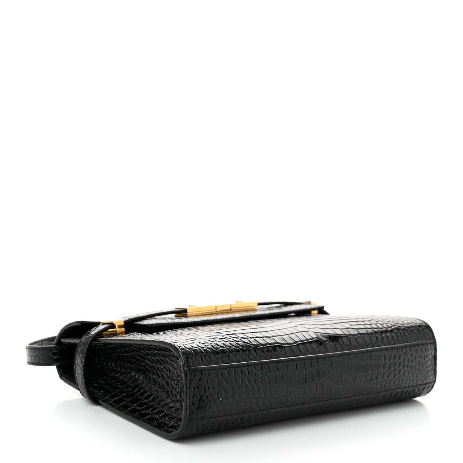 Saint Laurent Shiny Calfskin Crocodile Embossed Small Manhattan Baguette Black 4 of 9