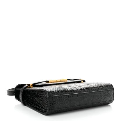 Saint Laurent Shiny Calfskin Crocodile Embossed Small Manhattan Baguette Black 4 of 9