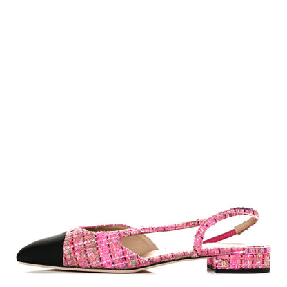Chanel Tweed Grosgrain Cap Toe CC Slingback Flat 41.5 Pink Black 1 of 12
