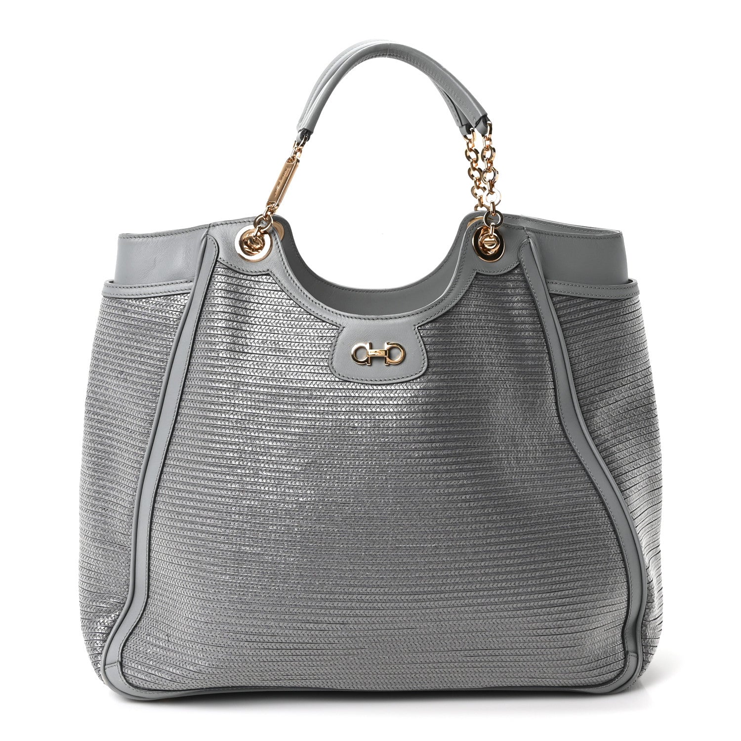 Salvatore Ferragamo Calfskin Raffia Betulla Tote Grey 2 of 17
