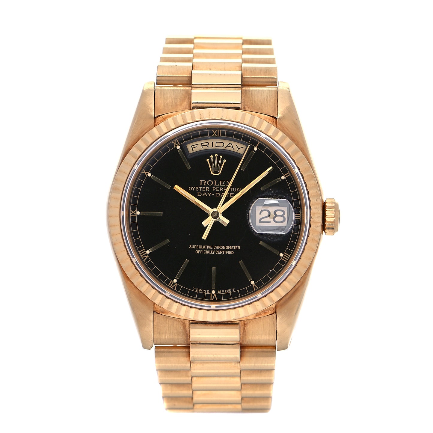 18K Yellow Gold 36mm Oyster Perpetual Day-Date President Watch Bright Black 18238
