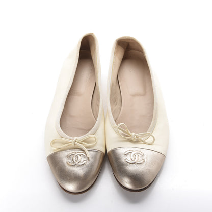 Chanel Calfskin Cap Toe CC Ballerina Flats 38 Beige Gold 5 of 9