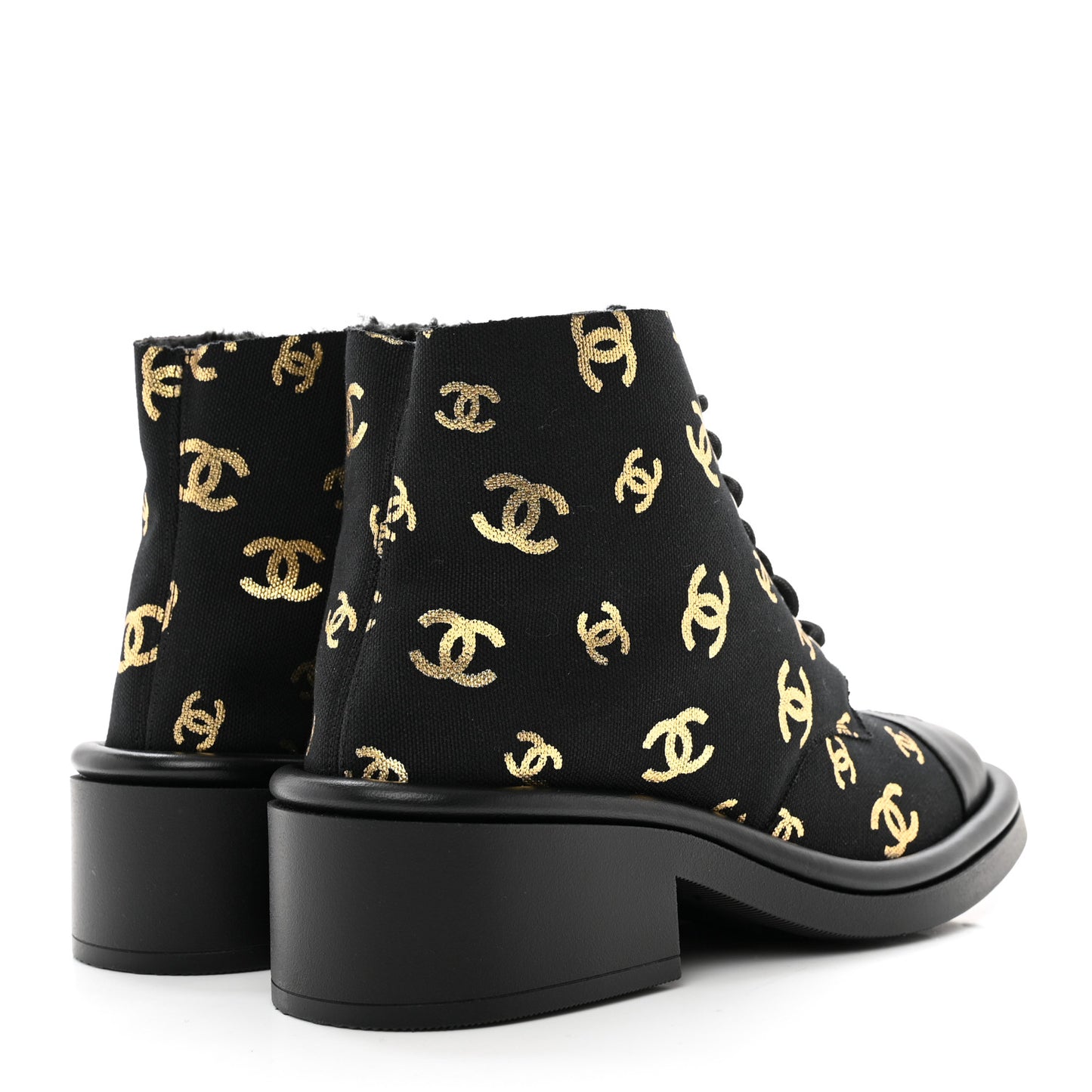 Lambskin Shearling Canvas CC Lace Up Boots 38.5 Black Gold