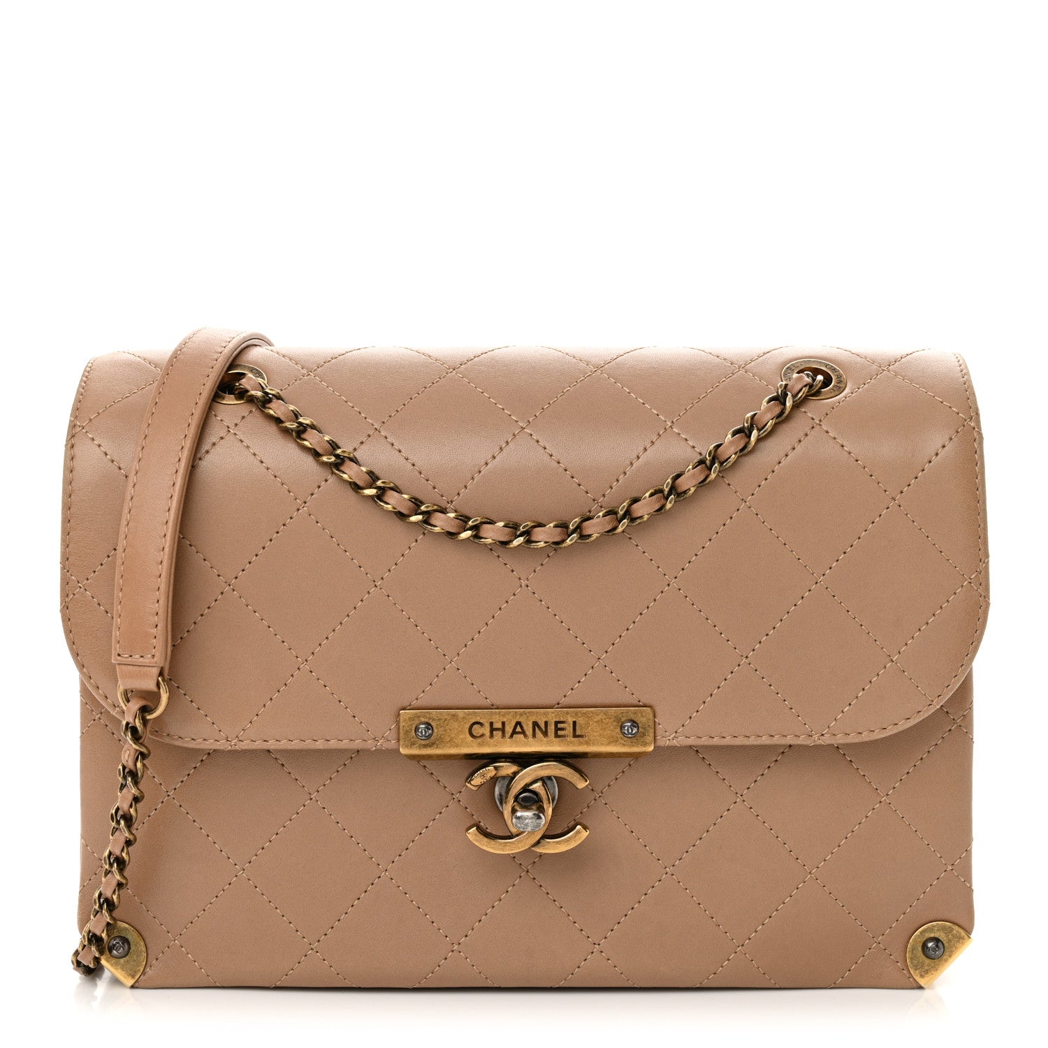 Chanel Shiny Lambskin Quilted Around The Corner Flap Beige 1 of 10