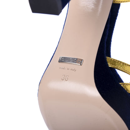 Gucci Velvet Crystal Zephyra Slingback Platform High Heel Sandals 36 Blue Gold 7 of 9