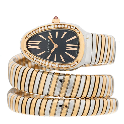Bulgari Stainless Steel 18K Rose Gold Diamond Bezel 35mm Serpenti Tubogas Double Spiral Quartz Watch Black 1 of 5