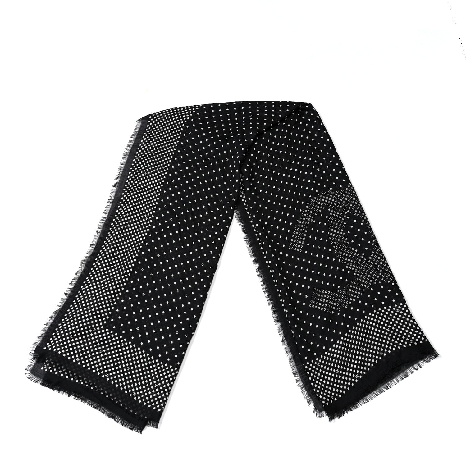 Chanel Cashmere Silk Polka Dot Fringe Stole White Black 2 of 4