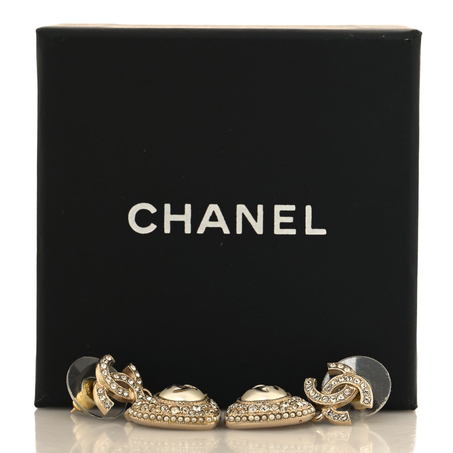 Pearl Crystal CC Heart Drop Earrings Gold White