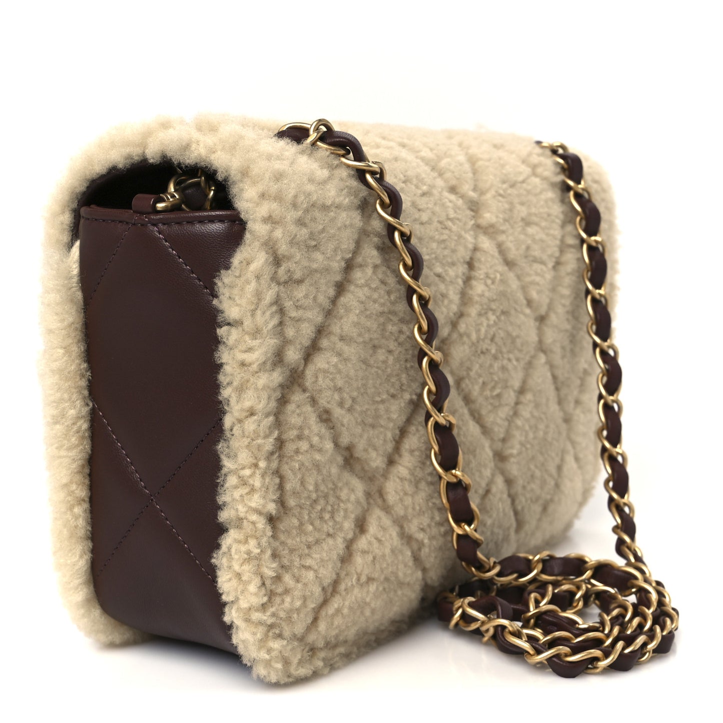 Shearling Lambskin Quilted Furry Coco Flap Beige Dark Brown