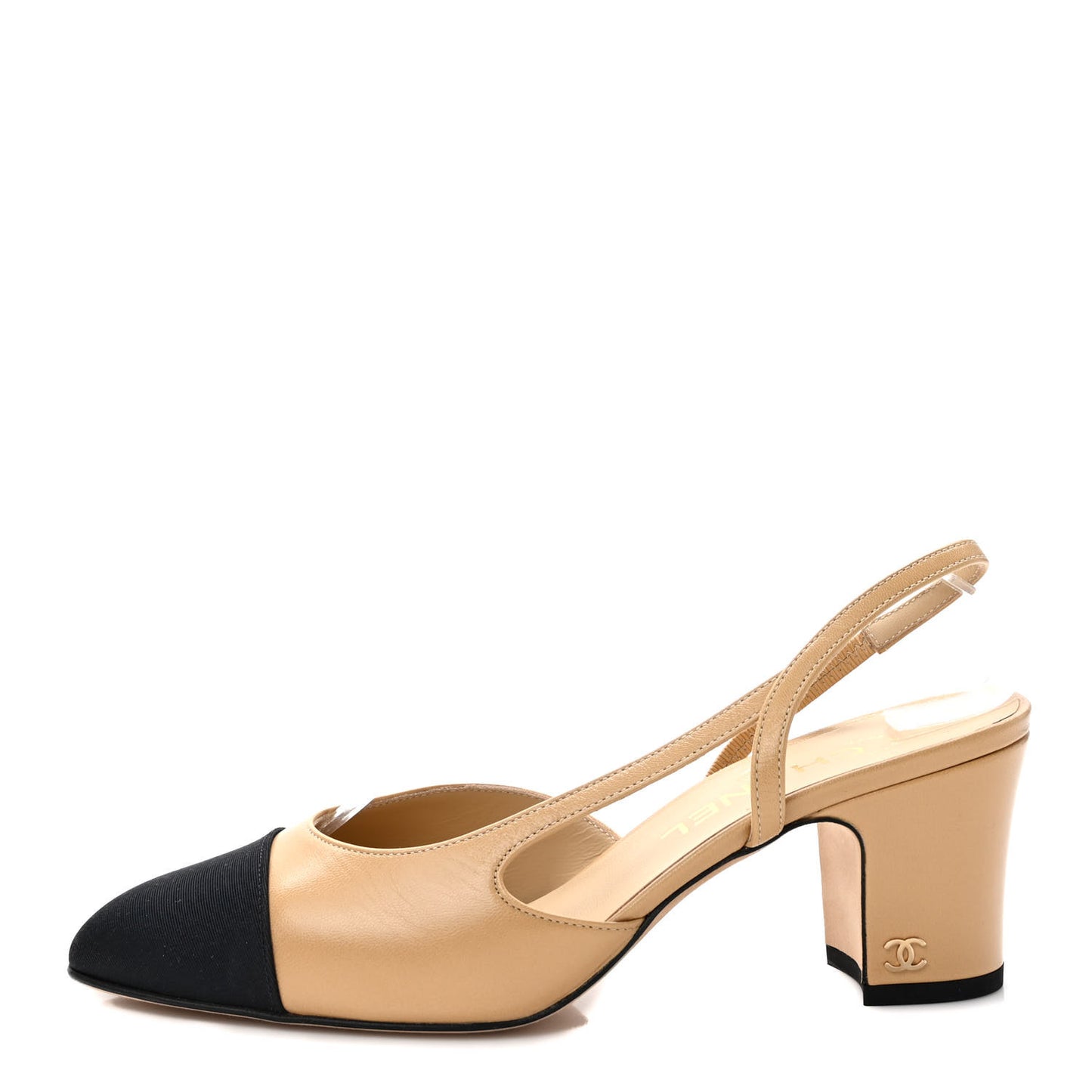 Goatskin Grosgrain Cap Toe CC Slingback Pumps 38 Beige Black