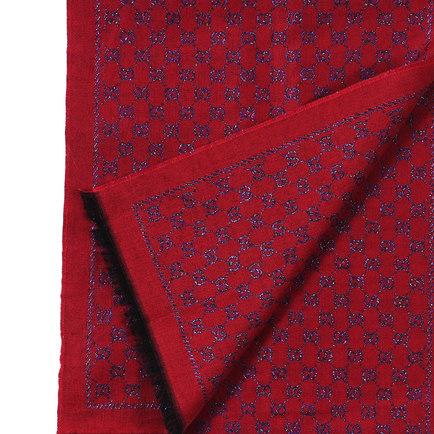 Gucci Wool Silk Jacquard GG Monogram Stenix Scarf Red Sky Blue 2 of 4
