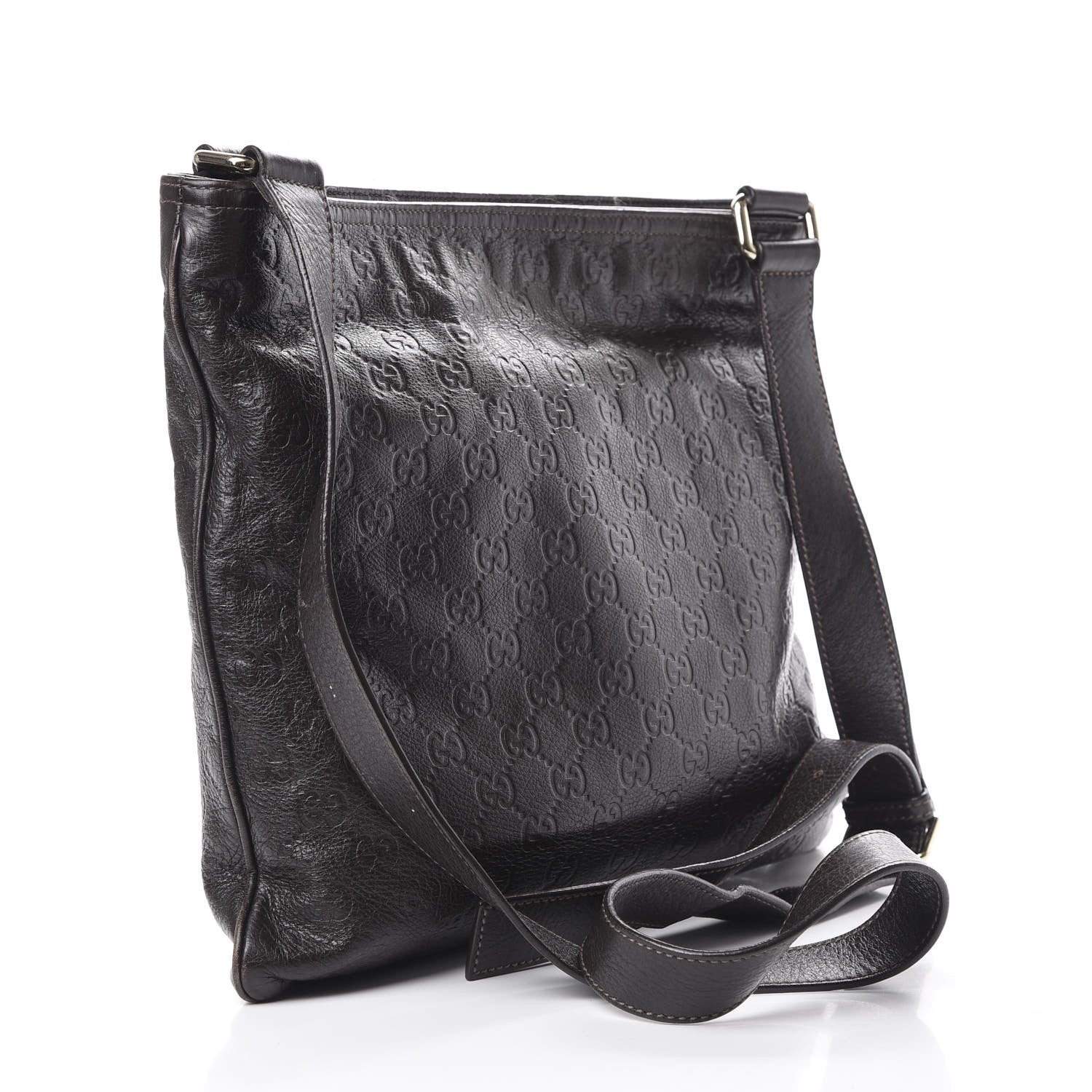 Gucci Guccissima Medium Flat Messenger Bag Dark Brown 2 of 13