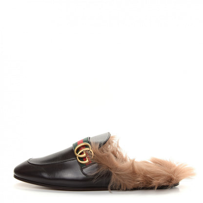 Gucci Goatskin Fur Web GG Mens Princetown Slippers 9 Cocoa 1 of 10
