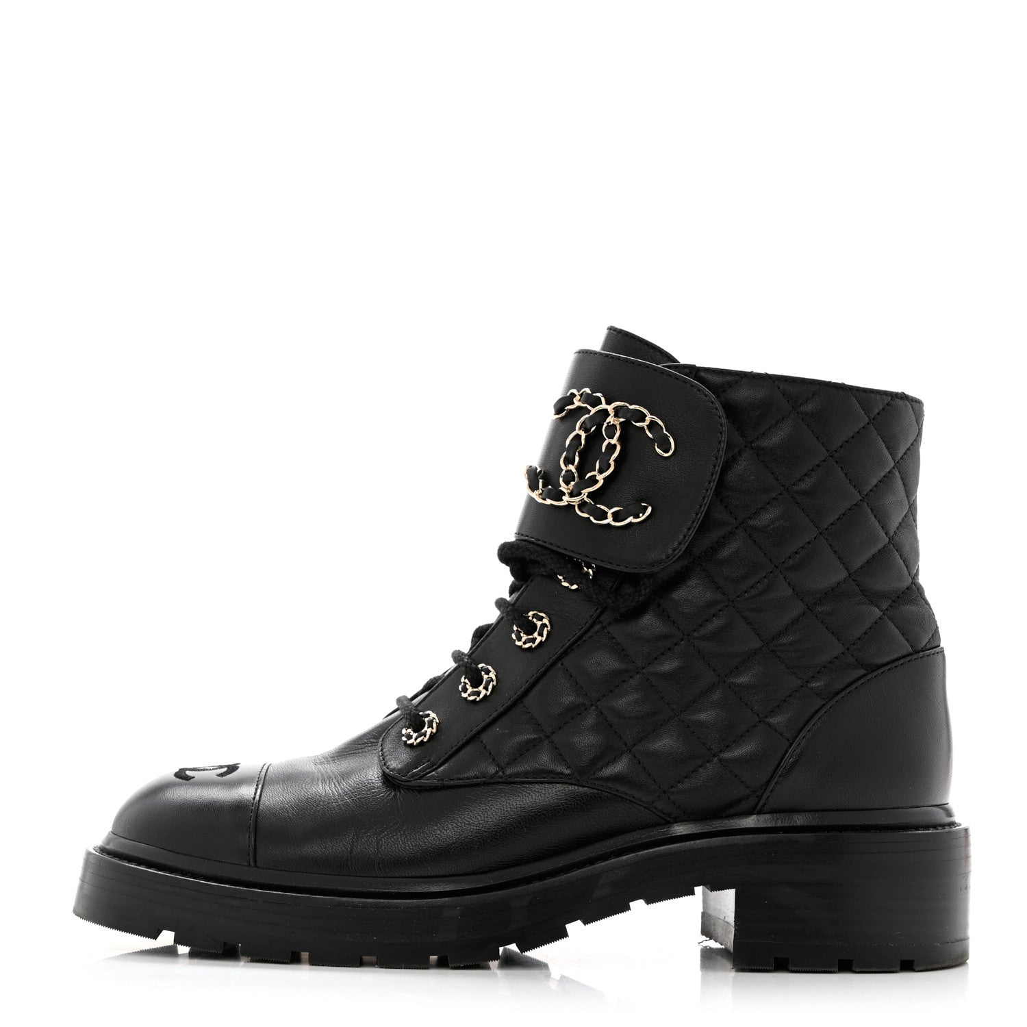 Chanel Shiny Lambskin Quilted Lace Up Combat Boots 40 Black 1 of 9