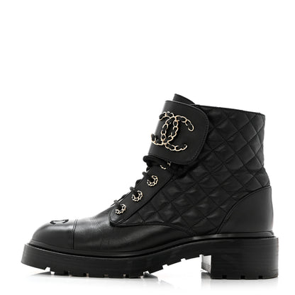 Chanel Shiny Lambskin Quilted Lace Up Combat Boots 40 Black 1 of 9