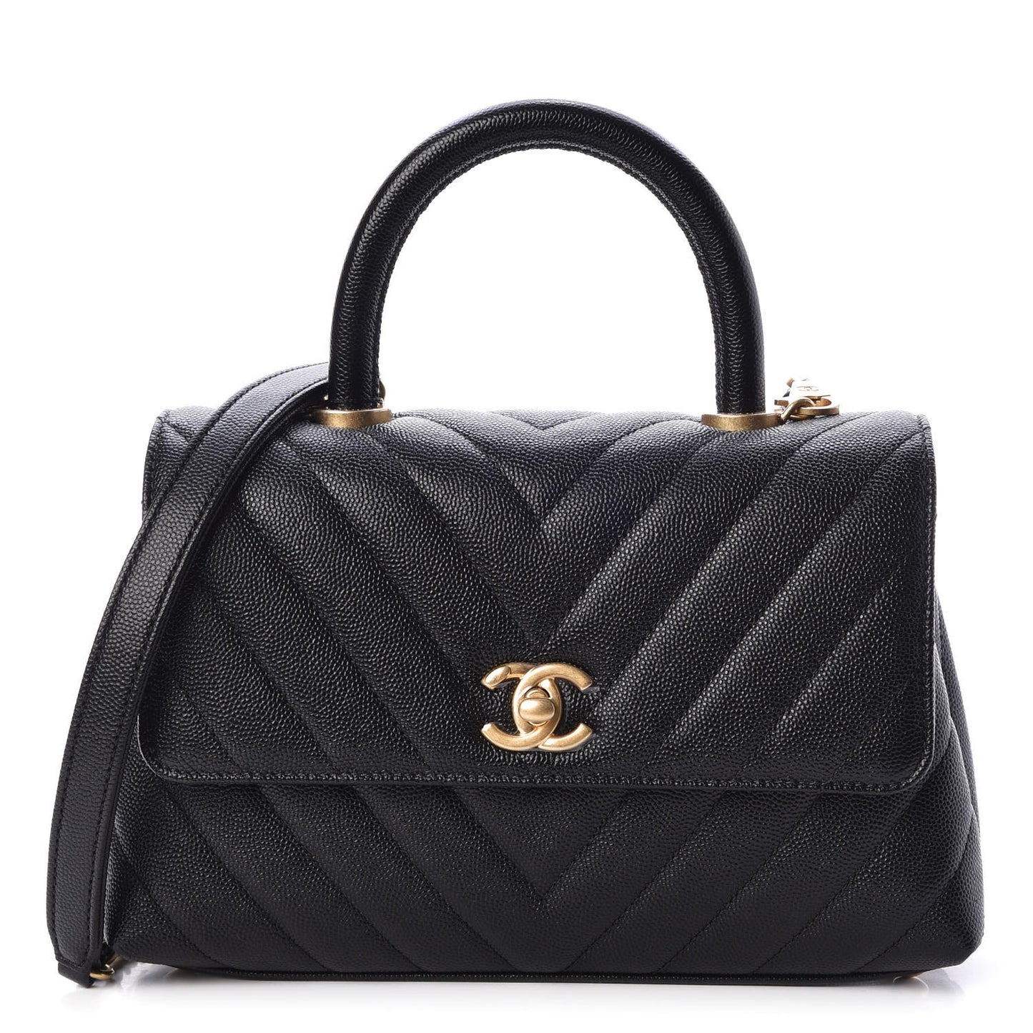 Caviar Chevron Quilted Mini Coco Handle Flap Black