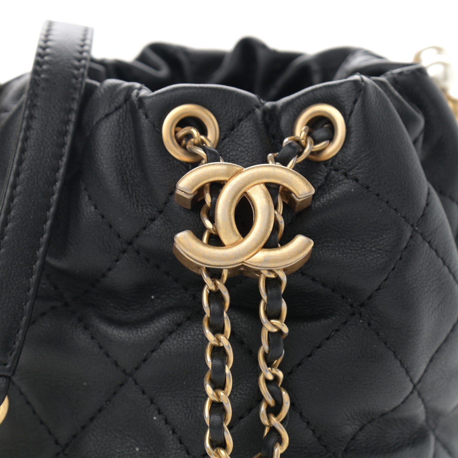 Chanel Calfskin Quilted Pearl Mini About Pearls Drawstring Bucket Bag Black 8 of 10