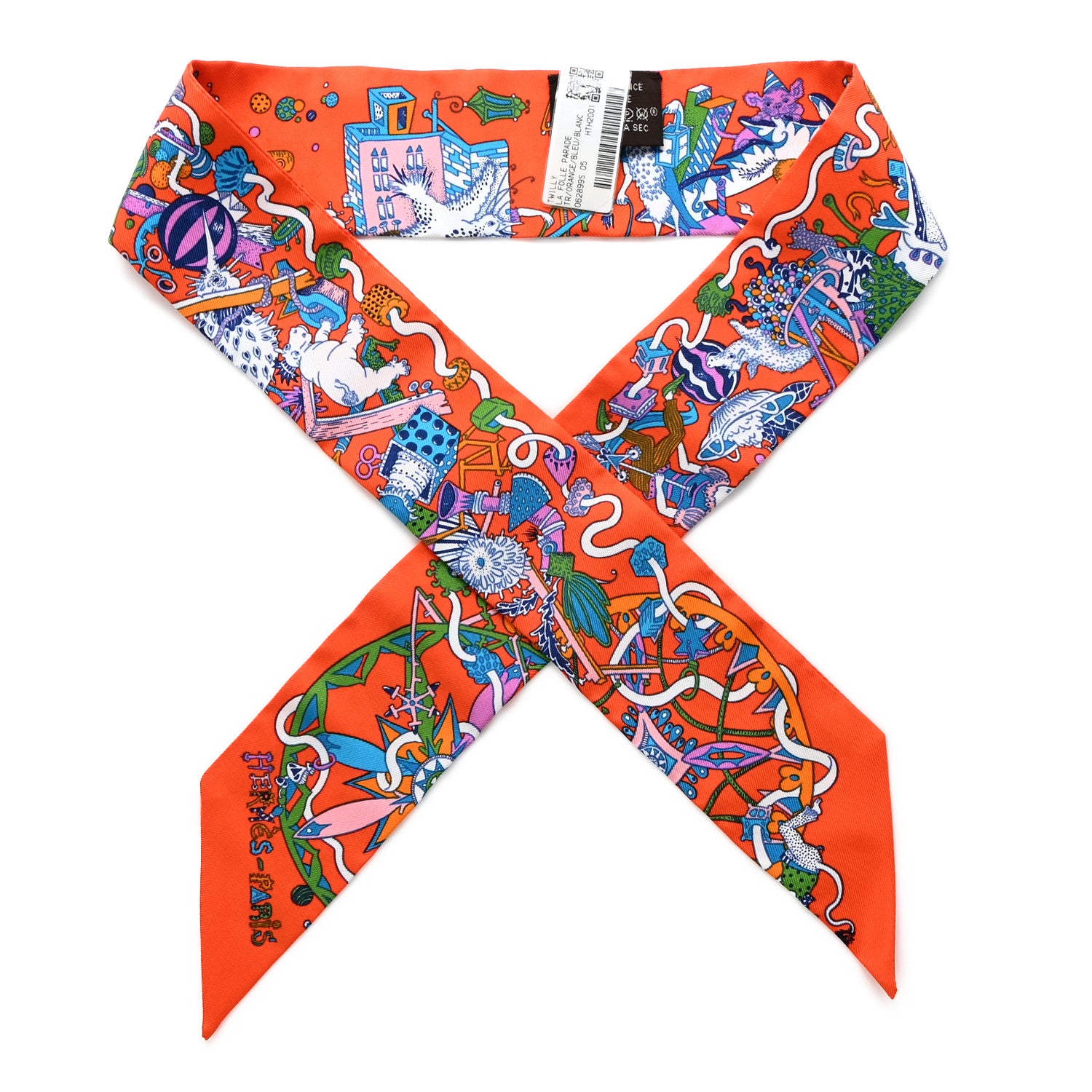 Hermes Silk La Folle Parade Twilly Orange Bleu White 1 of 5