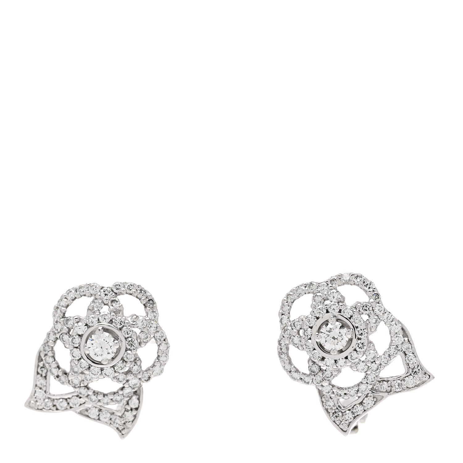 Chanel 18K White Gold Diamond Camelia Earrings 1 of 5