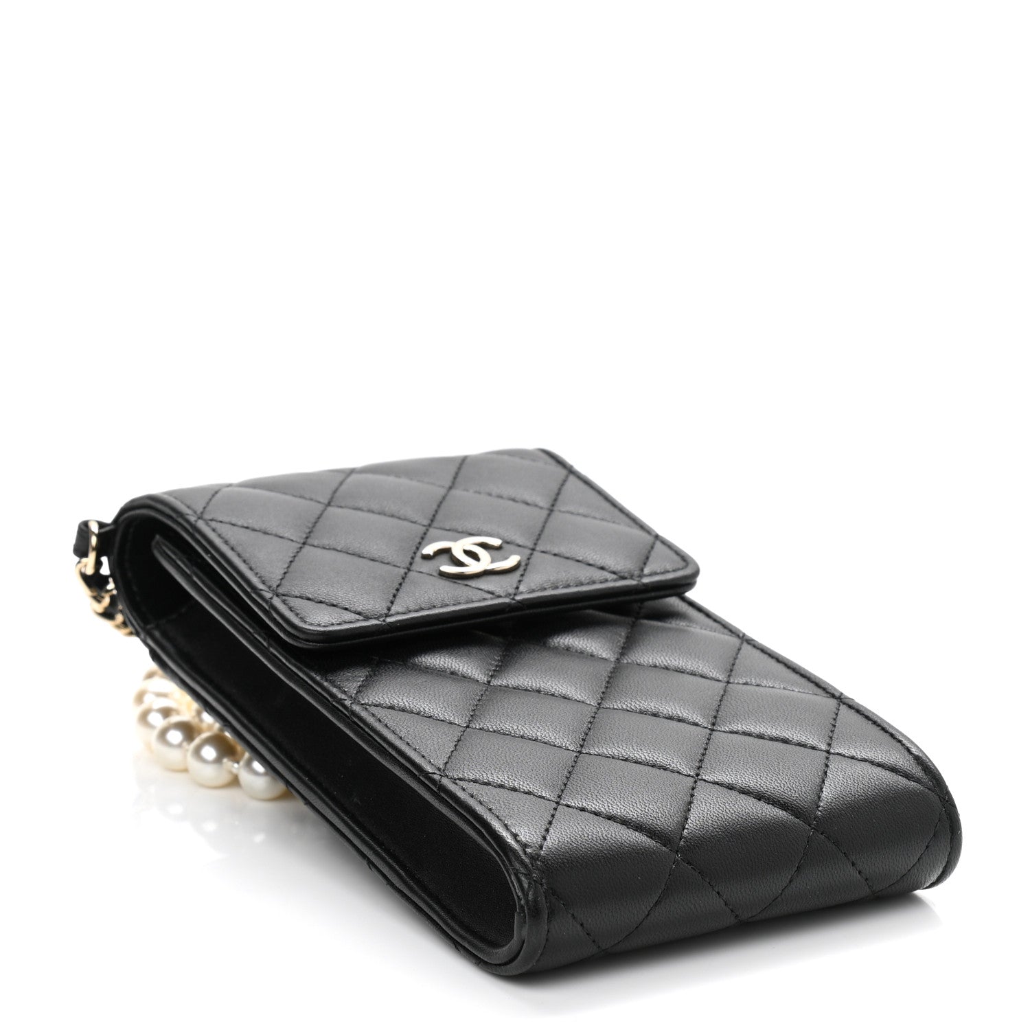 Chanel Lambskin Quilted Pearl Phone Holder With Chain Black 3 of 10
