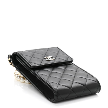Chanel Lambskin Quilted Pearl Phone Holder With Chain Black 3 of 10