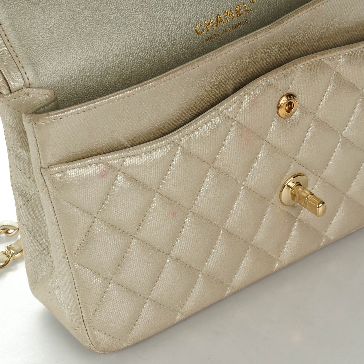 Iridescent Calfskin Quilted Medium Double Flap Light Gold