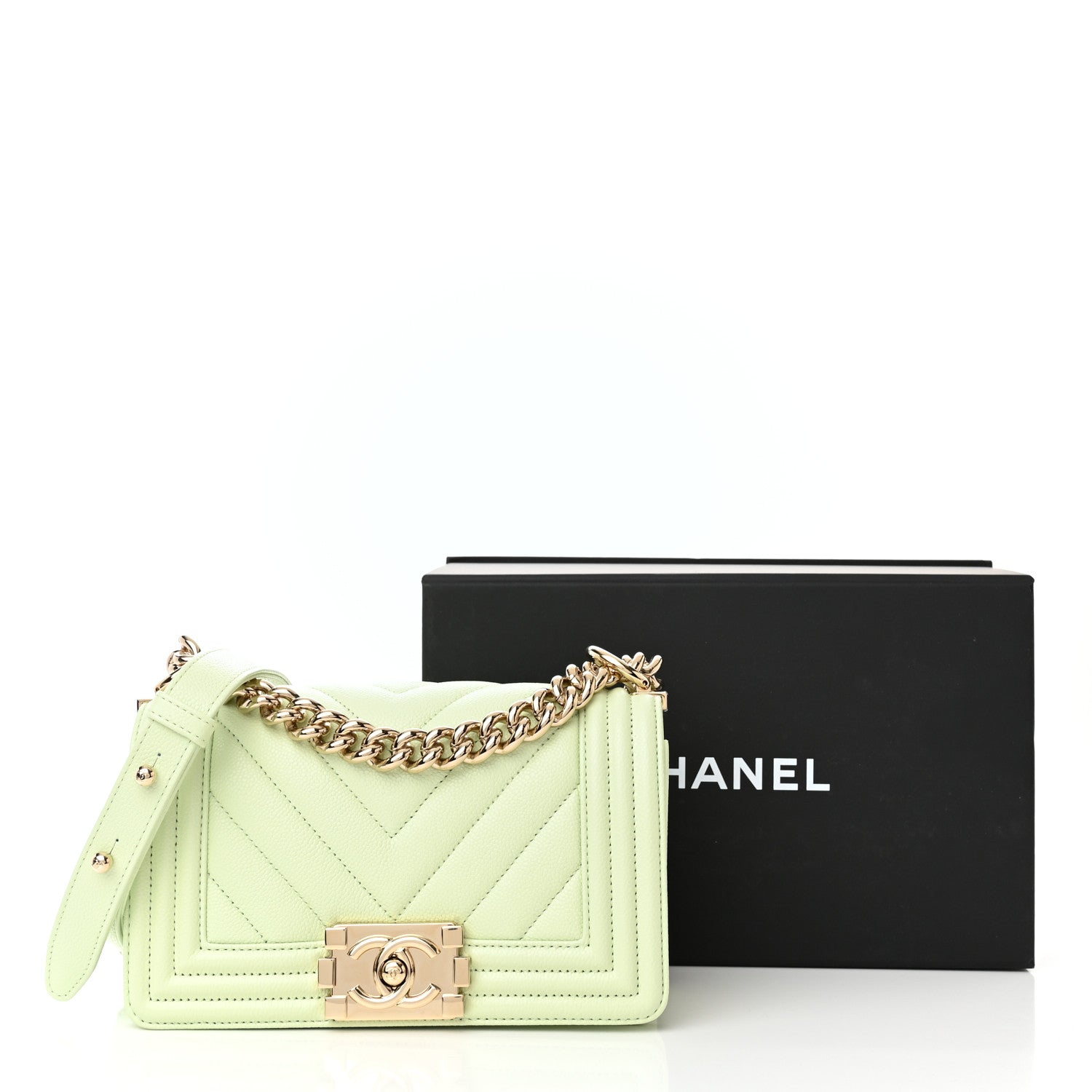 Chanel Caviar Chevron Quilted Small Boy Flap Light Green 11 of 11