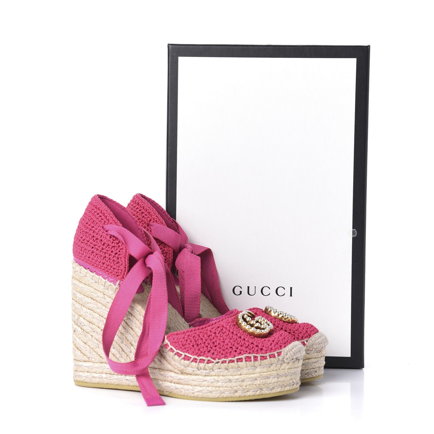 Cotton Crochet Pearly GG Ankle Wrap Platform Espadrille Wedges 36 Cyclamen Rose