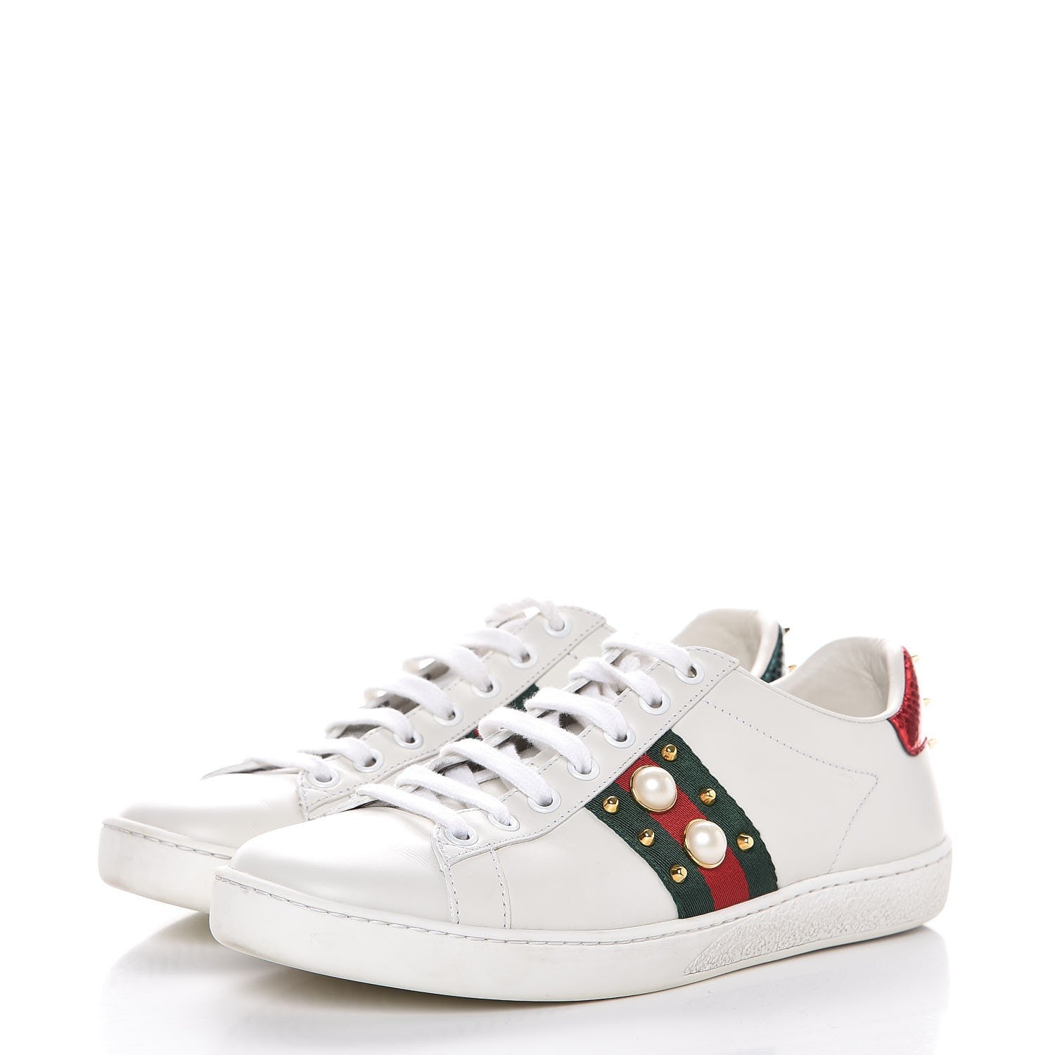 Gucci Calfskin Web Pearl Studded Ace Sneakers 37 White 3 of 11