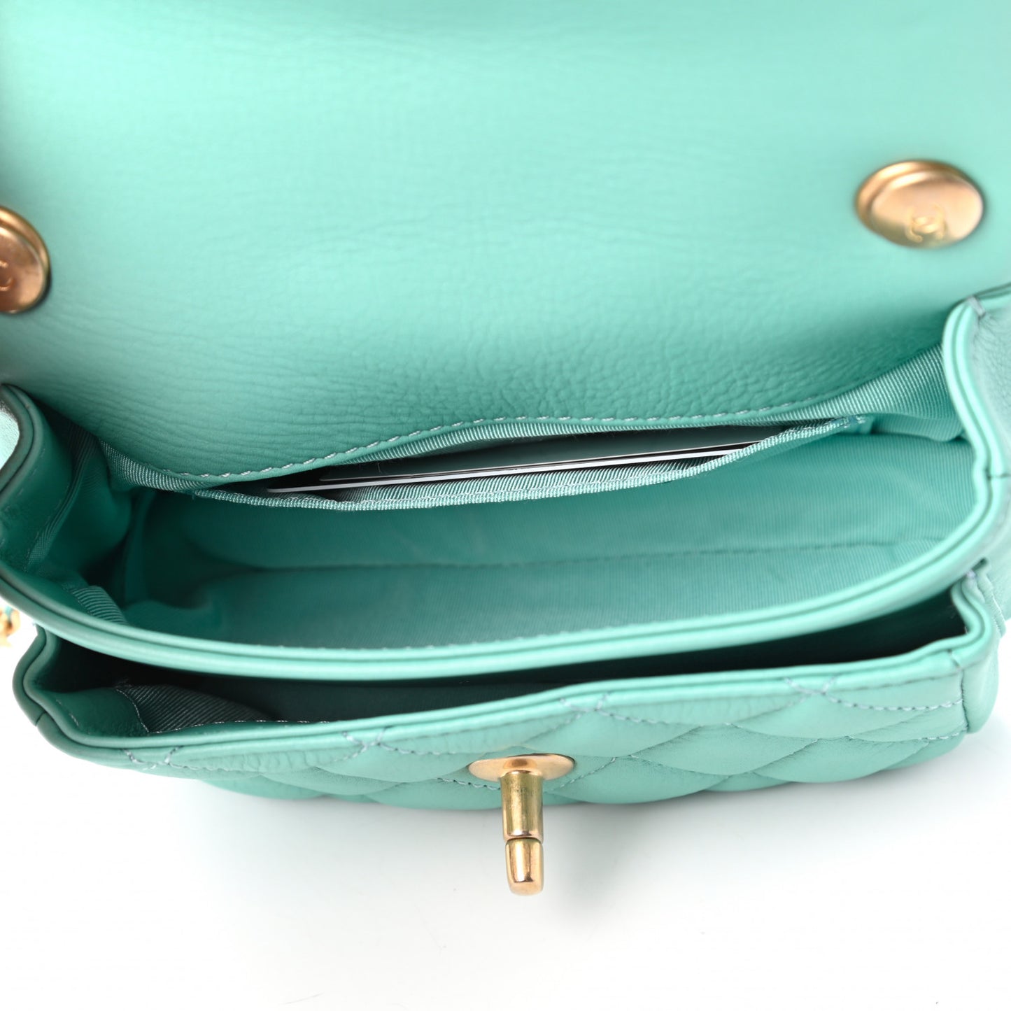Calfskin Quilted Top Handle Flap Light Blue