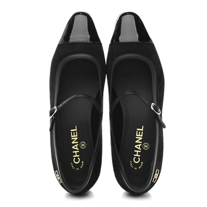 Chanel Suede Kidskin Lambskin Patent Calfskin Cap Toe CC Mary Jane Flats 39.5 Black 2 of 9