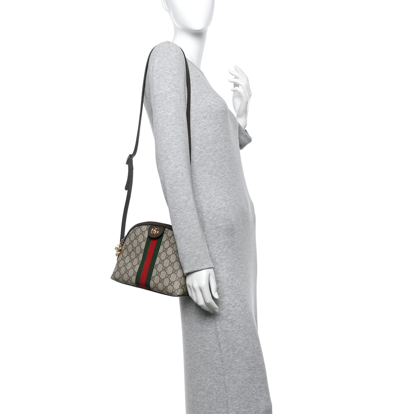 GG Supreme Monogram Textured Dollar Calfskin Web Small Ophidia Dome Shoulder Bag Beige Ebony New Acero
