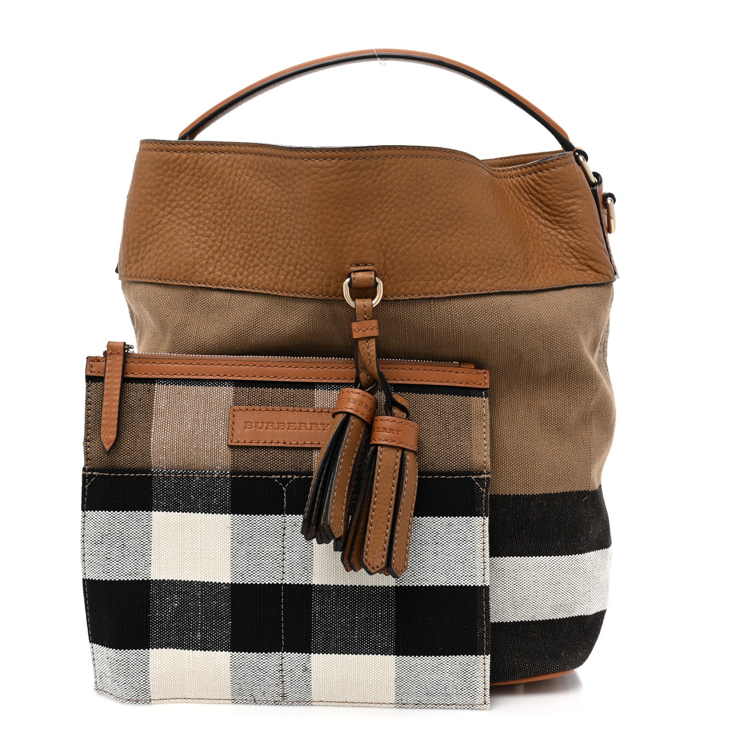 Burberry Grainy Calfskin Canvas Mega Check Medium Ashby Tassel Hobo Saddle Brown 3 of 13