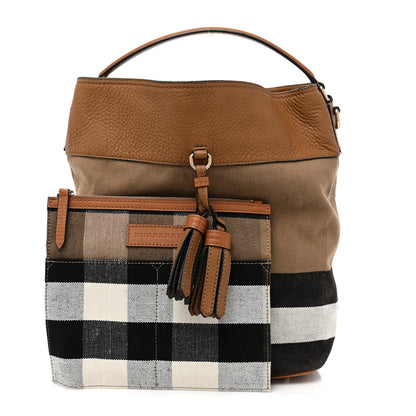Burberry Grainy Calfskin Canvas Mega Check Medium Ashby Tassel Hobo Saddle Brown 3 of 13
