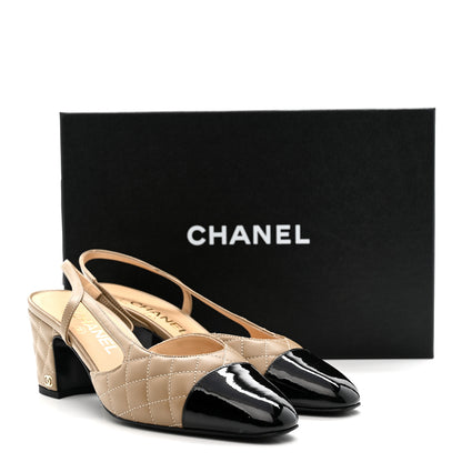 Chanel Lambskin Patent Calfskin Quilted Cap Toe CC Slingback Pumps 38 Beige Black 8 of 8