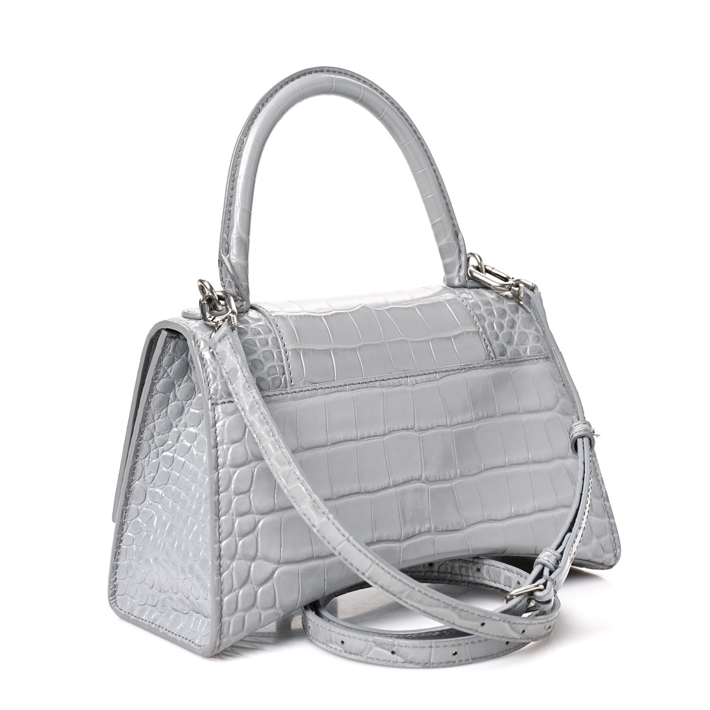 Shiny Calfskin Crocodile Embossed Small Hourglass Top Handle Bag Balenciaga Grey