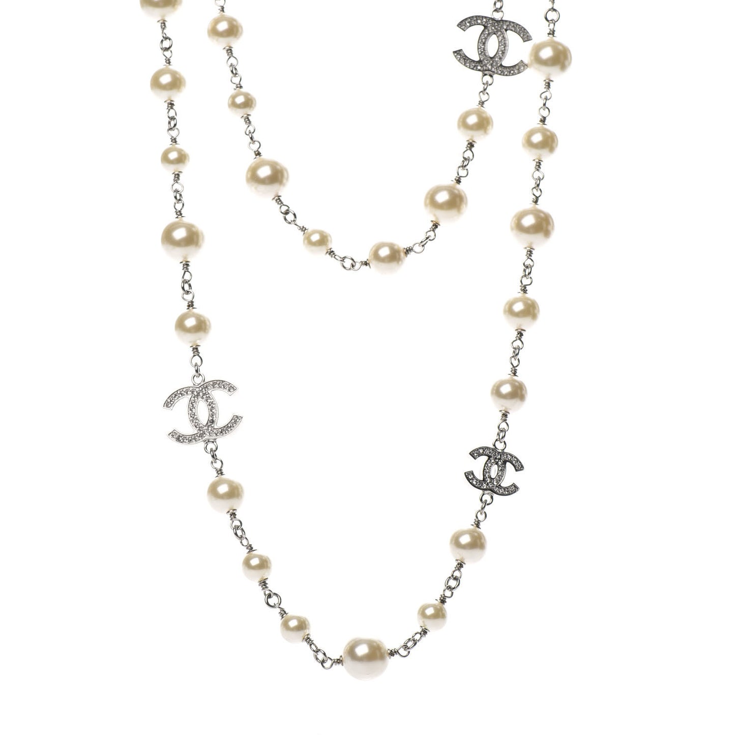 Crystal Pearl CC Long Necklace Silver