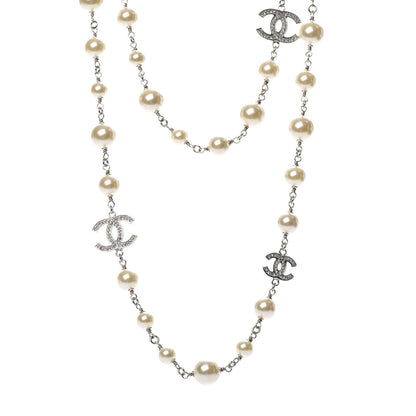 Chanel Crystal Pearl CC Long Necklace Silver 1 of 5