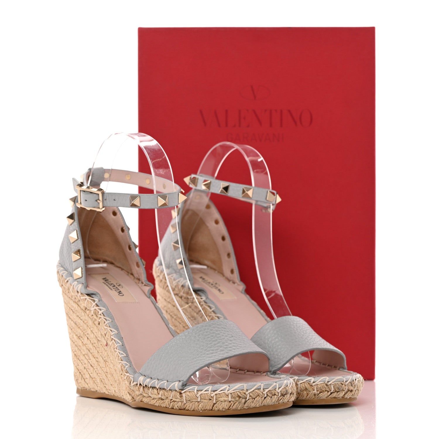 Valentino Garavani Grained Calfskin Rockstud Ankle Strap Espadrille 15/105mm Wedge Sandals 37 Pastel Grey Natural 15 of 15