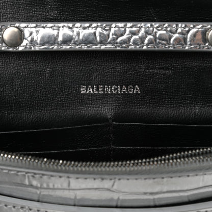 Balenciaga Metallic Calfskin Crocodile Embossed Hourglass Chain Bag Silver 6 of 10