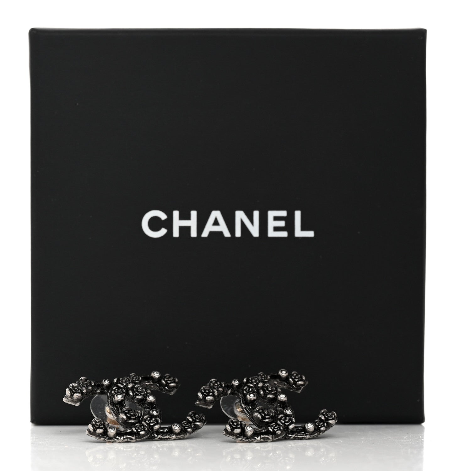 Chanel Crystal CC Camellia Earrings Ruthenium 5 of 5