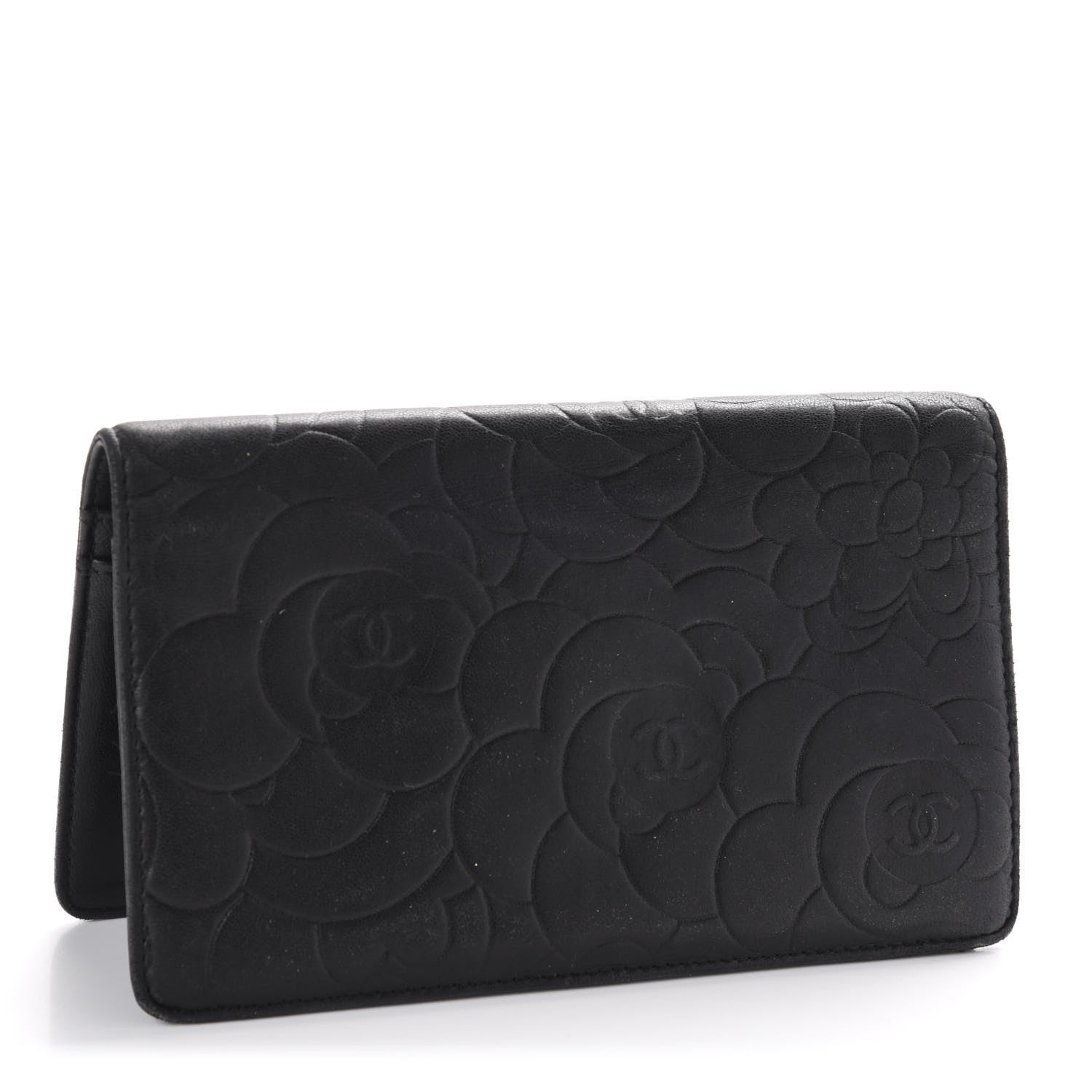Chanel Lambskin Camellia Embossed Yen Wallet Black 2 of 10