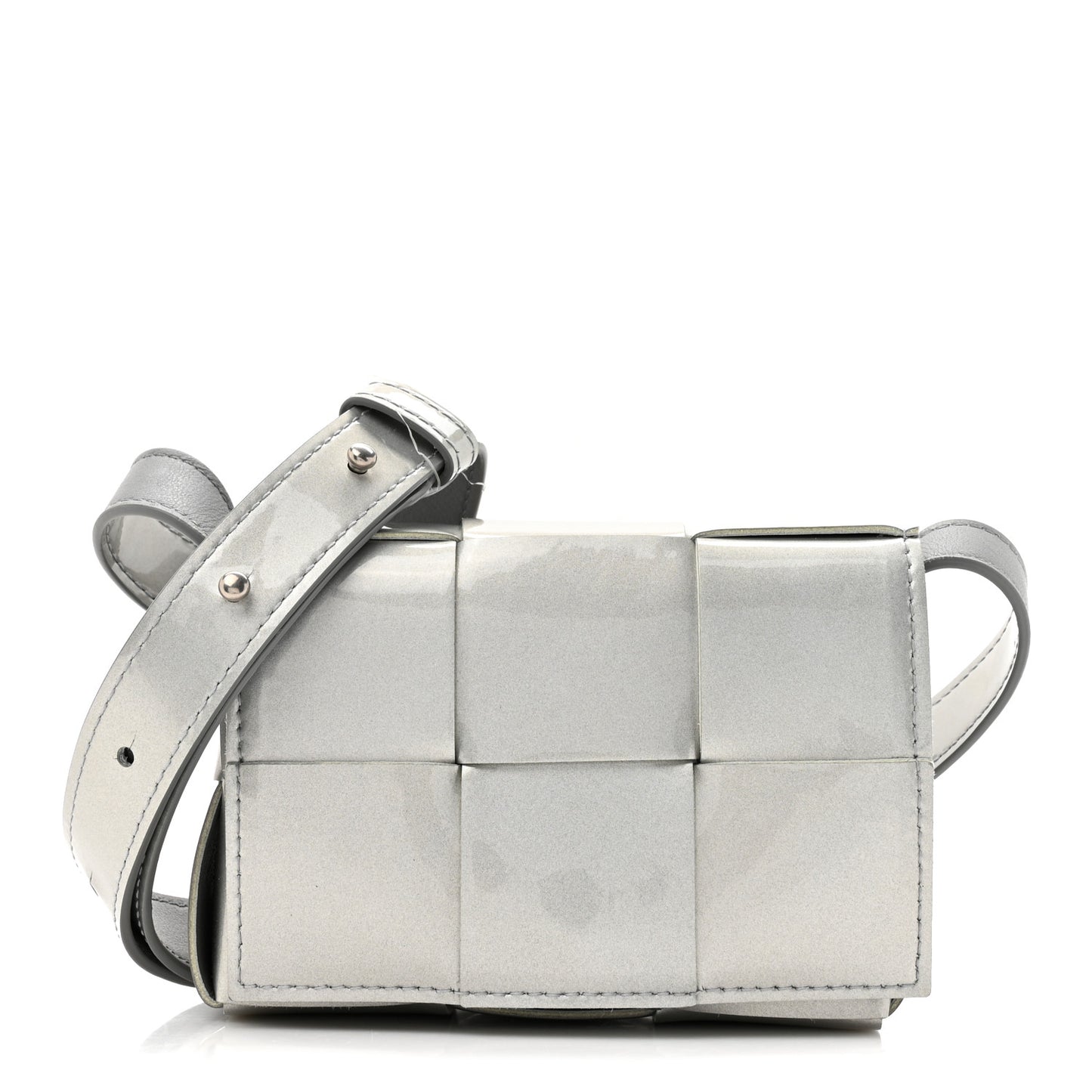 Metallic Patent Calfskin Maxi Intrecciato Extra Mini Cassette Crossbody Bag Silver
