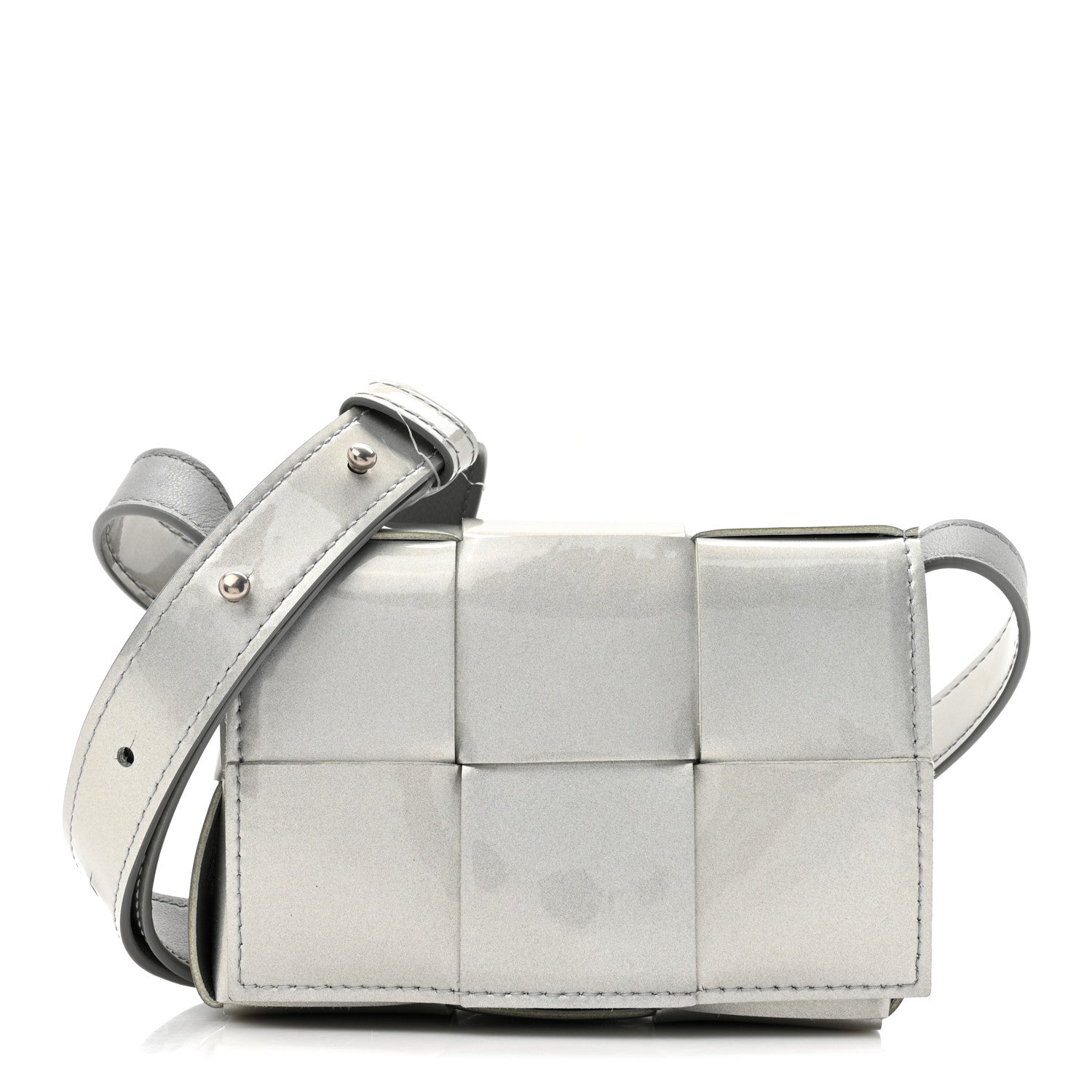 Bottega Veneta Metallic Patent Calfskin Maxi Intrecciato Extra Mini Cassette Crossbody Bag Silver 1 of 10