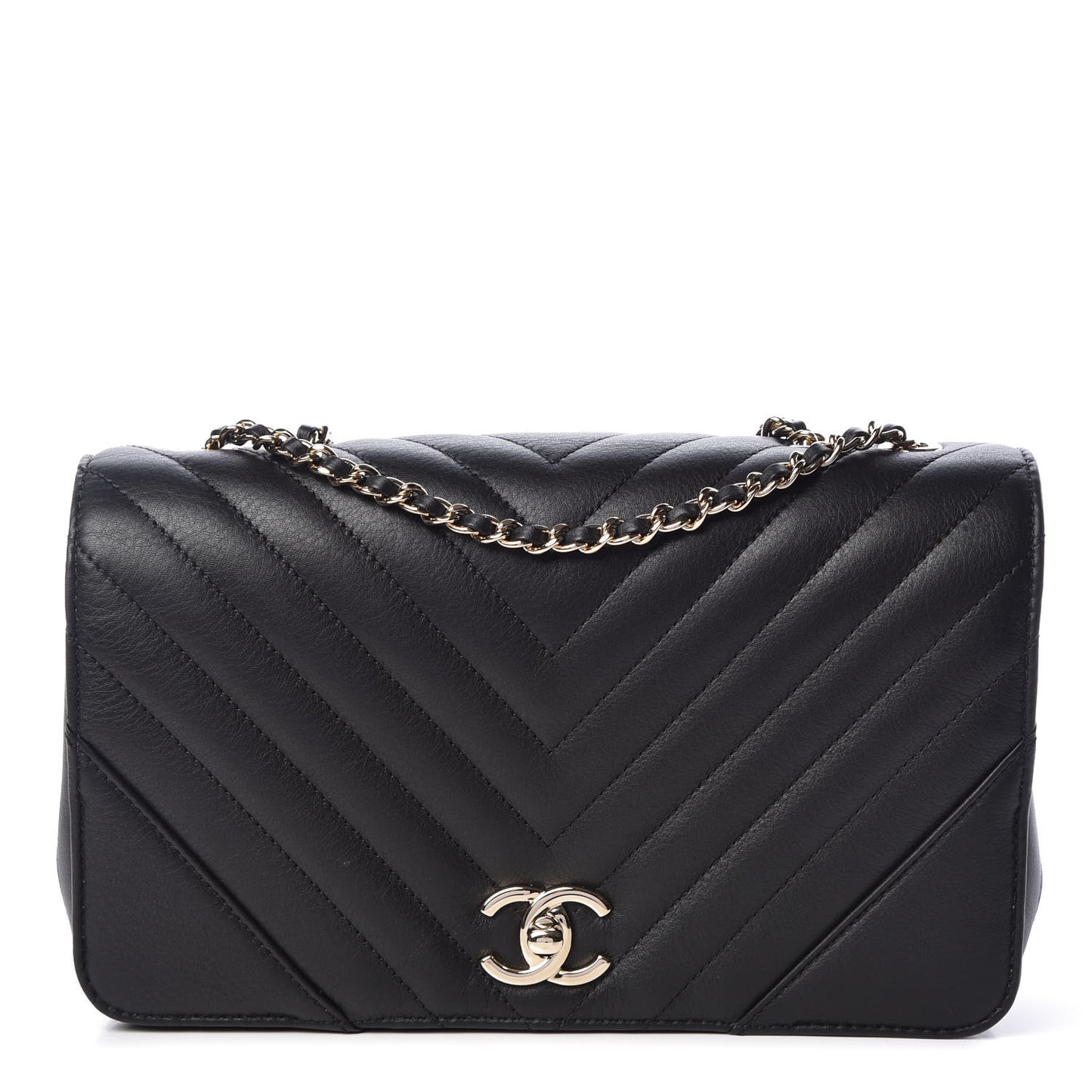 Calfskin Chevron Quilted Statement Flap Black