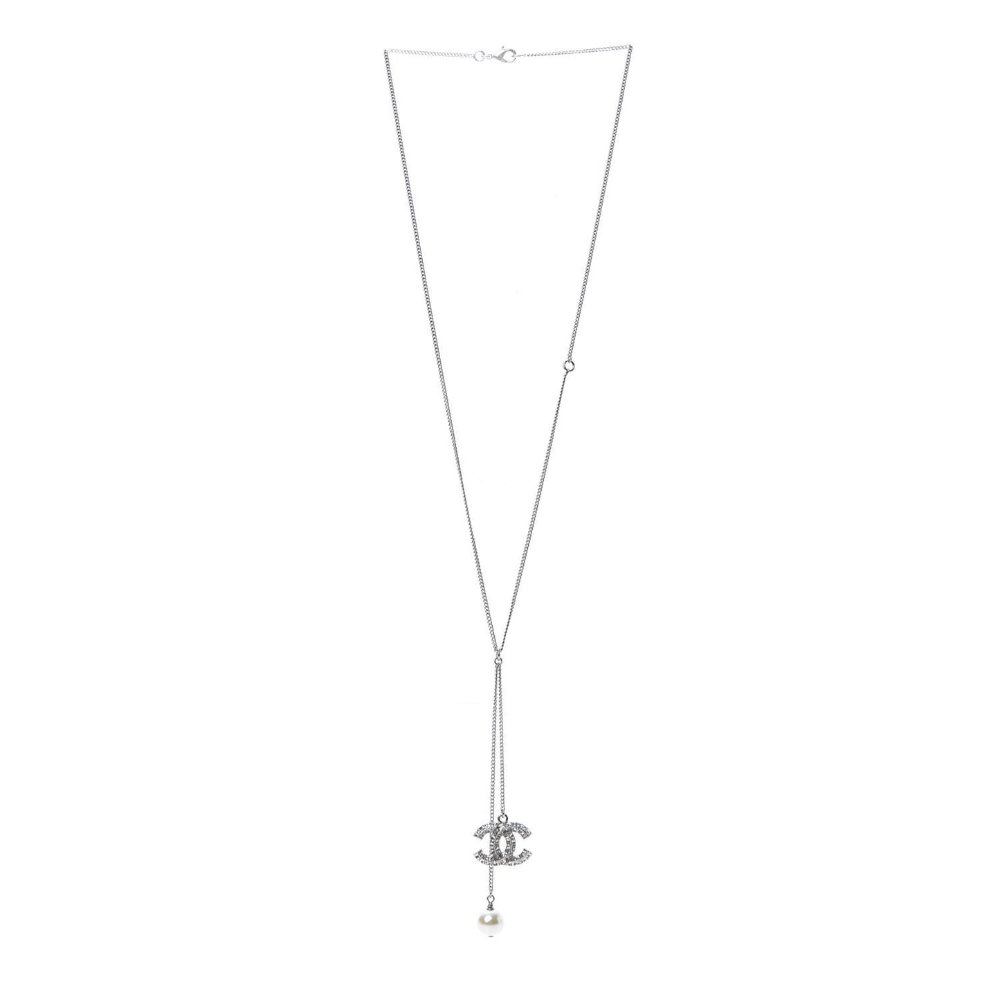 Baguette Crystal Pearl CC Lariat Necklace Silver