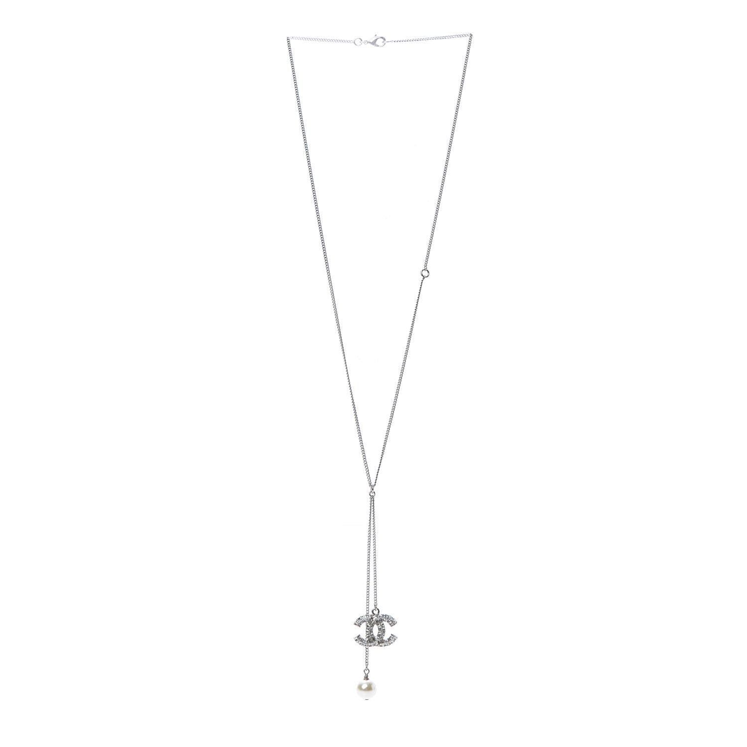 Chanel Baguette Crystal Pearl CC Lariat Necklace Silver 3 of 5