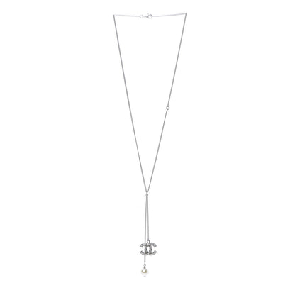 Chanel Baguette Crystal Pearl CC Lariat Necklace Silver 3 of 5