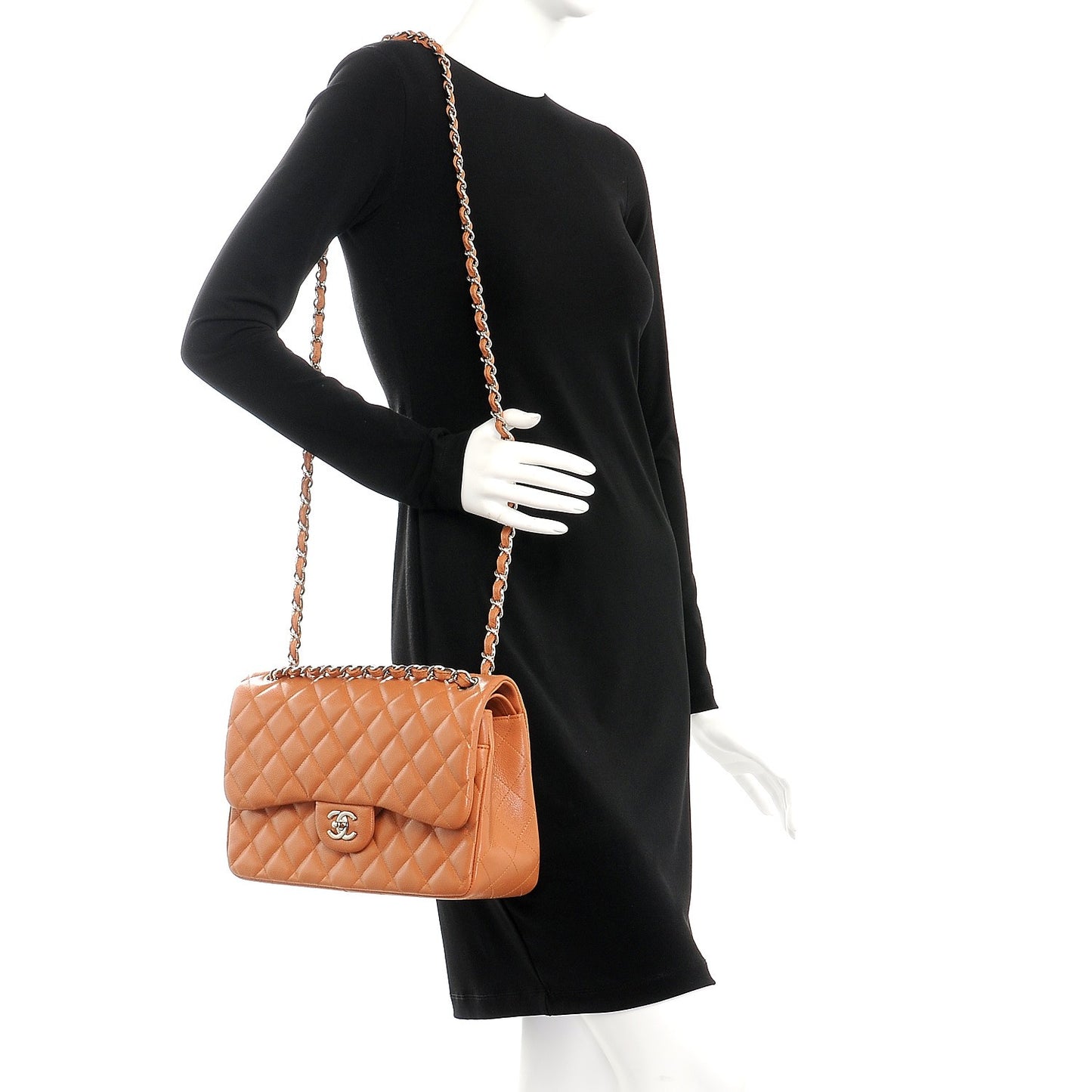 Caviar Quilted Jumbo Double Flap Light Brown